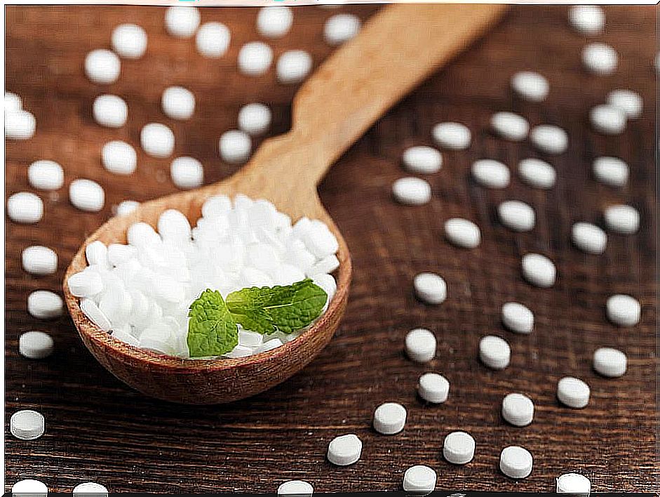 Stevia pills on a wooden spoon.