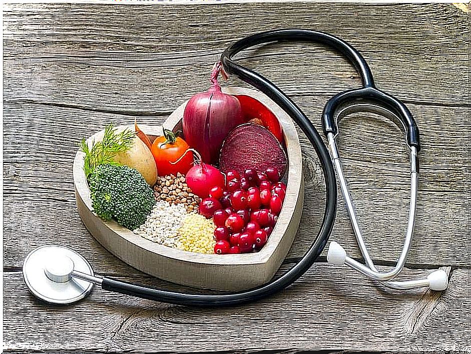 vegetables in the shape of a heart and a stethoscope.