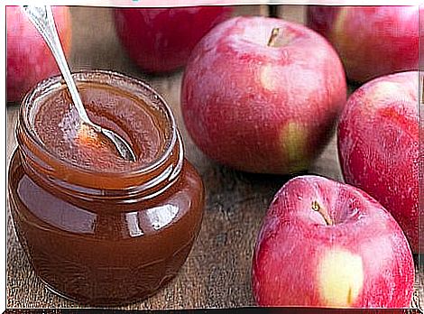 Apple compote and strawberries.