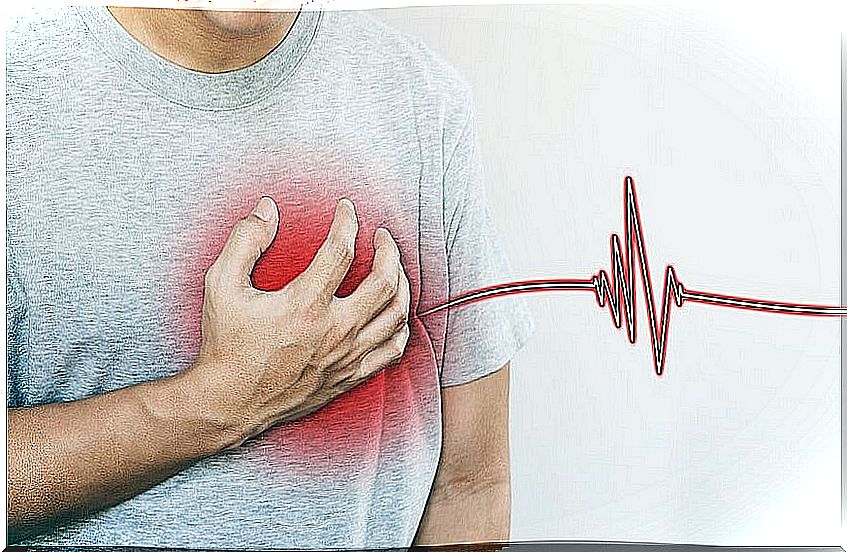 Man with hand on heart and electrocardiogram