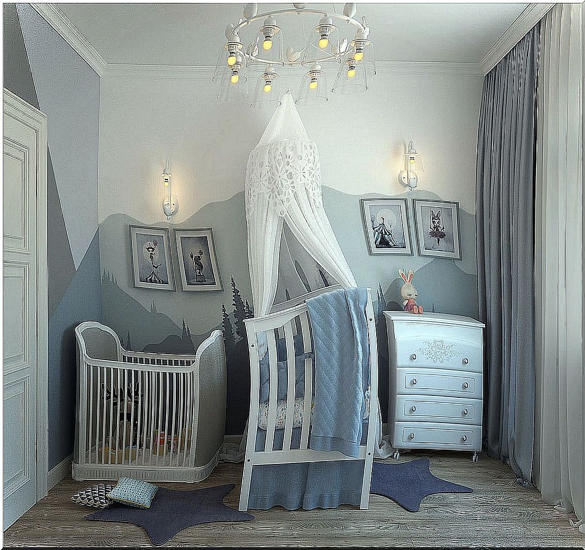 Children's room with a cot and various furniture and paintings in gray tones.